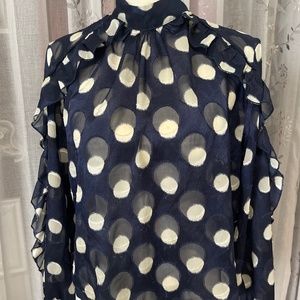 Zara Navy and White Polka Dot Blouse